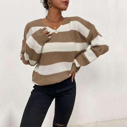 Damen Pullover Strukturiertes Waffelmuster V-Ausschnitt Beige