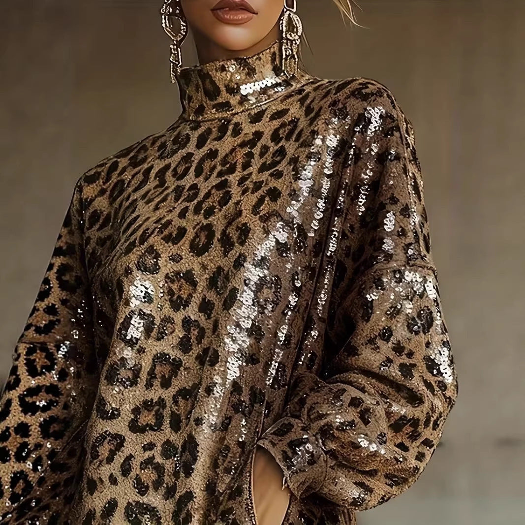 Damen Kurzkleid Leopardenmuster Glitzernd Fransen