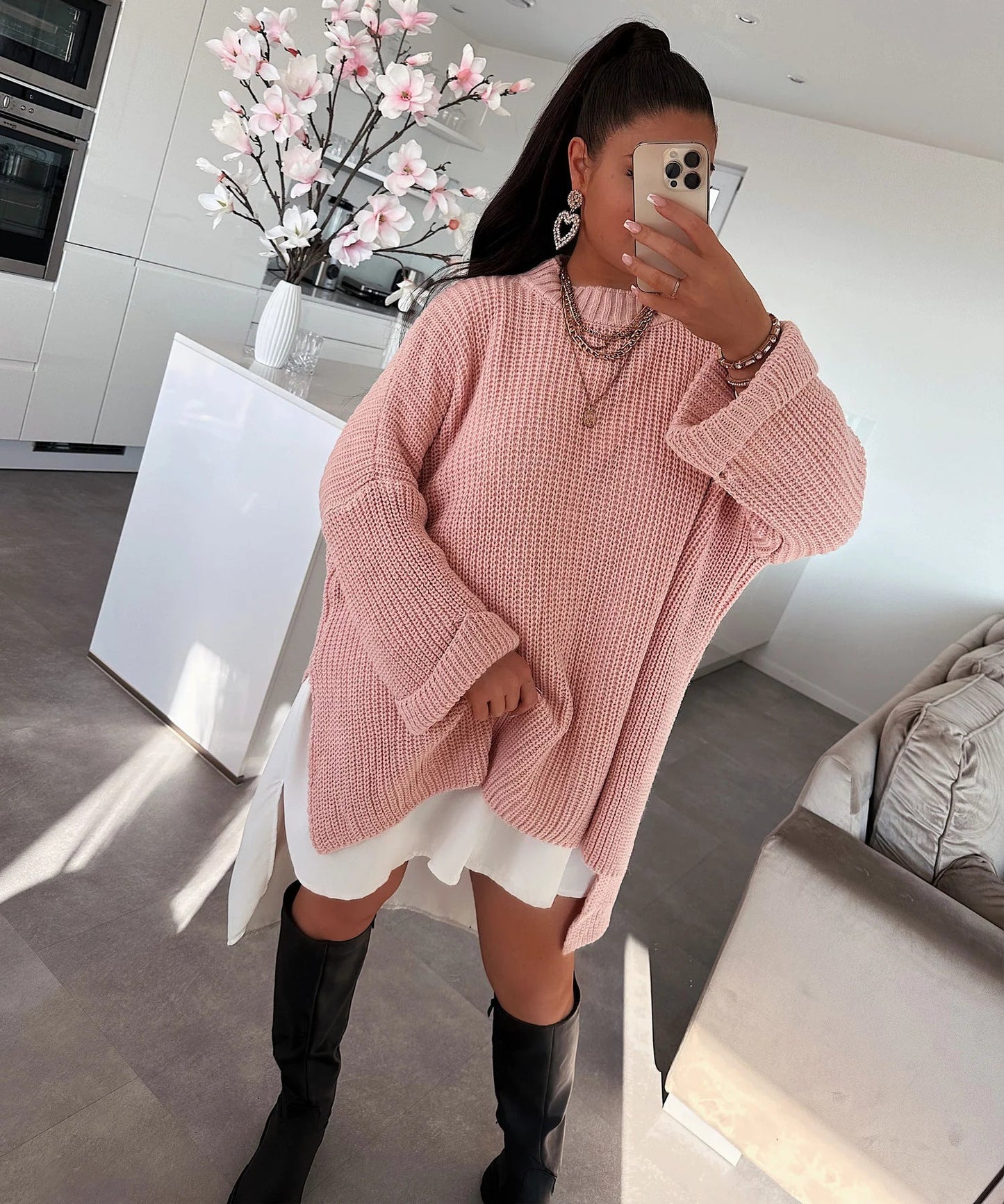 Damen Strickpullover Oversized Lässiger Schnitt Weite Ärmel