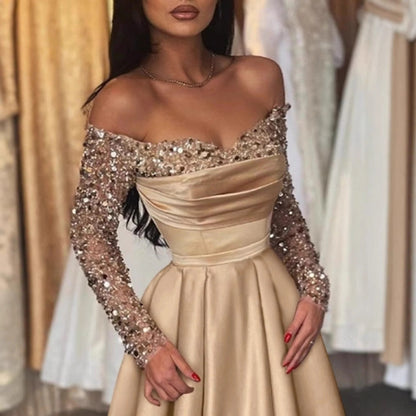 Damen Ballkleid Schimmerndes Oberteil Bestickte Ärmel Eveloria