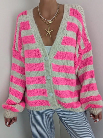 Damen Strickcardigan Lässig Streifenmuster Beige