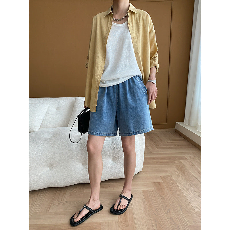 Damen Denim Shorts Elastischer Bund Praktische Taschen Blau Eveloria