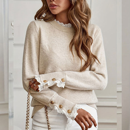 Damen Strickpullover Rüschendetails Knopfverzierung - Eveloria