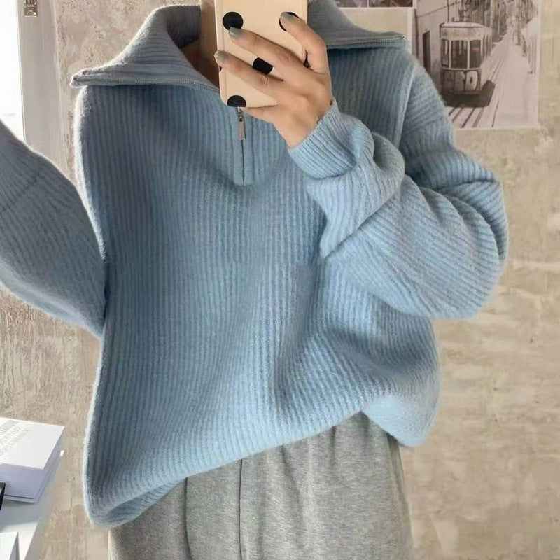 Damen Strickpullover Halb-Reißverschluss Hochkragen Eveloria