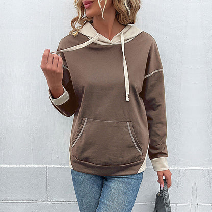 Damen Kapuzenpullover mit Taschen Kontrastärmel Grau