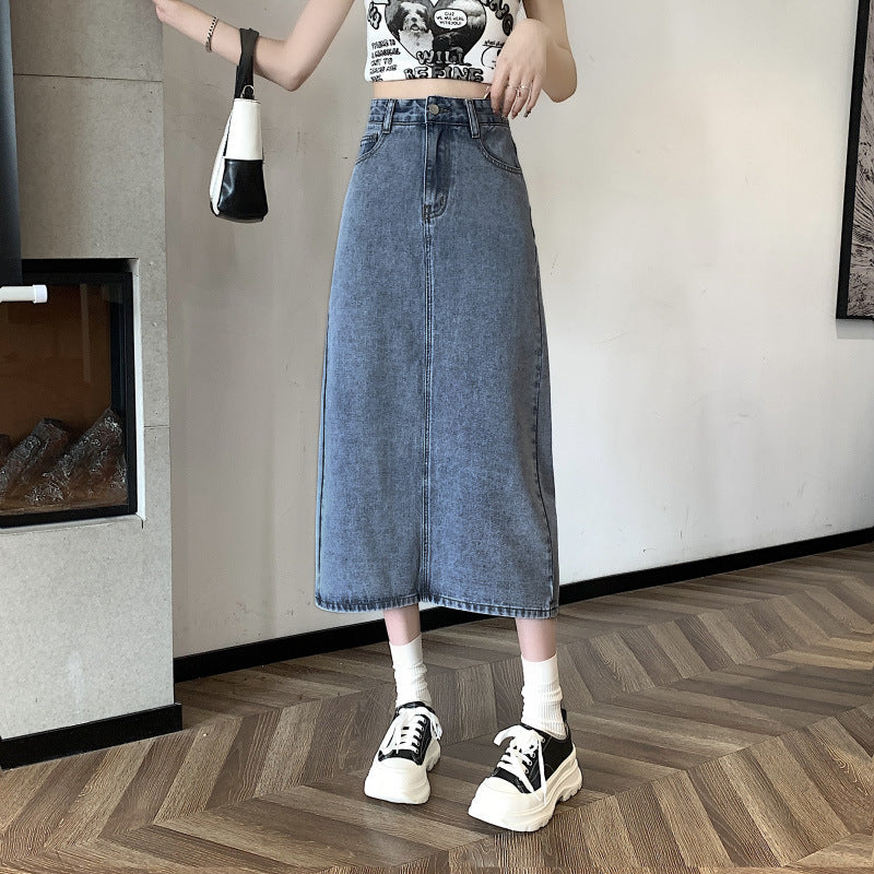 Damen Denimrock Midi mit Vorderschlitz Blau Eveloria