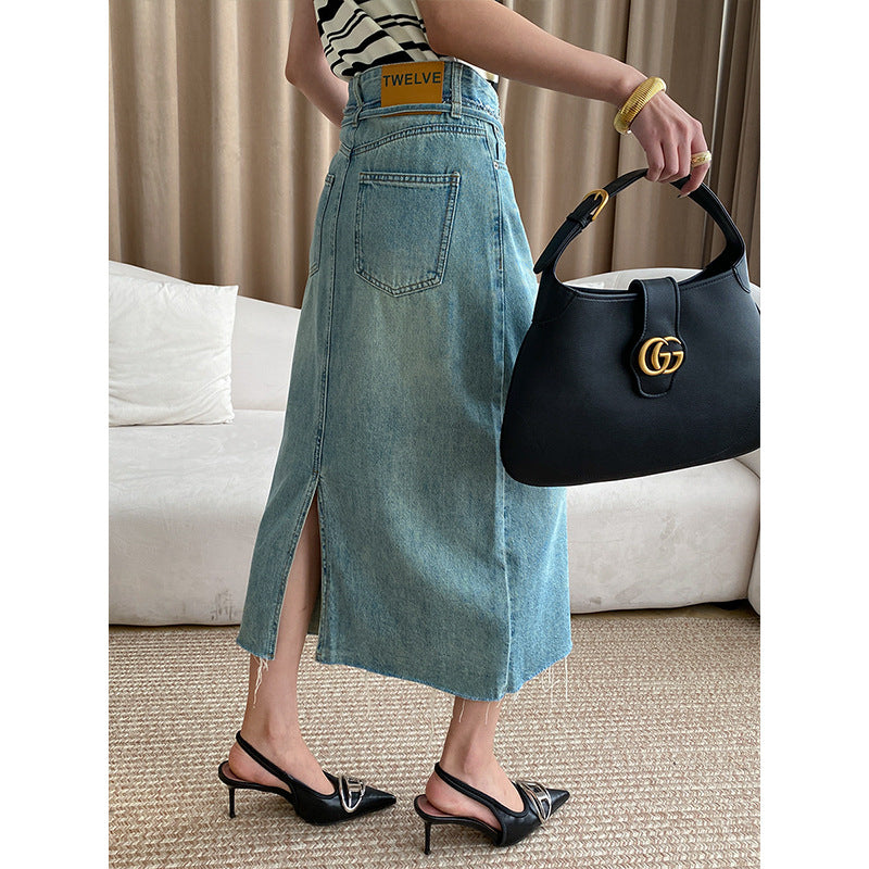 Damen Midi Jeansrock Verstellbares Taillenband Eingrifftaschen
