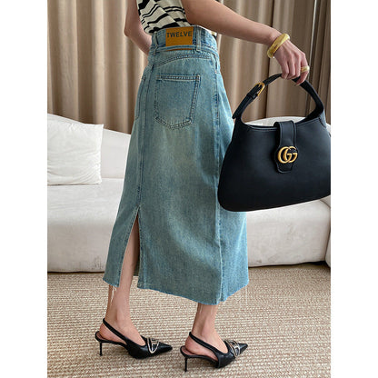 Damen Midi Jeansrock Verstellbares Taillenband Eingrifftaschen
