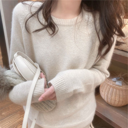 Damen Kaschmirpullover Feine Rippstruktur Lässiger Schnitt Beige