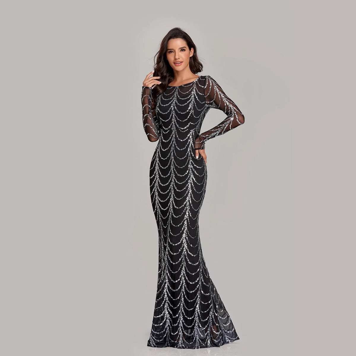 Damen Abendkleid Figurbetont Pailletten Ärmel Durchsichtig Schwarz - Eveloria