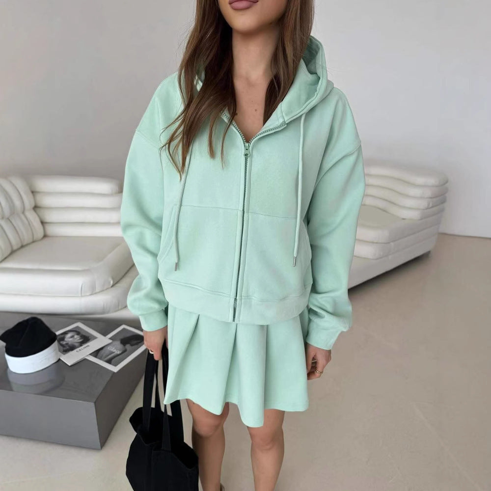 Damen Hoodie Rock-Set Elastischer Bund Verdeckter Reißverschluss Grau - Eveloria