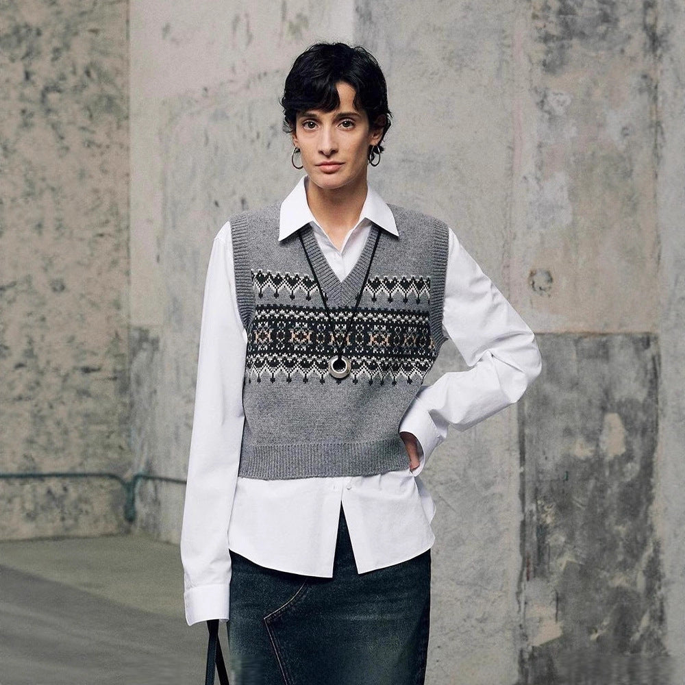 Damen Strickpullover V-Ausschnitt Geometrisches Muster Eveloria