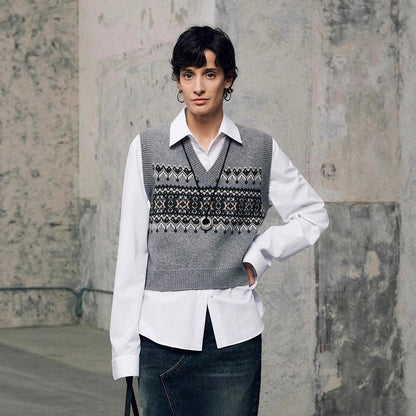 Damen Strickpullover V-Ausschnitt Geometrisches Muster Eveloria