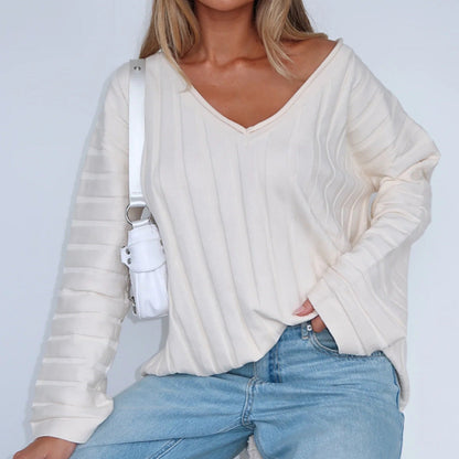 Damen Strickpullover V-Ausschnitt Rippenstruktur Eveloria