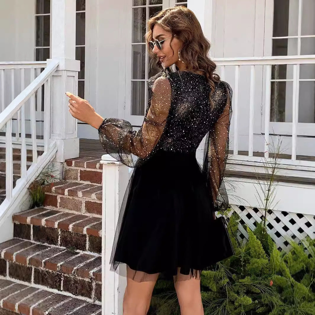Damen Cocktailkleid Glitzerndes Oberteil Transparente Ärmel