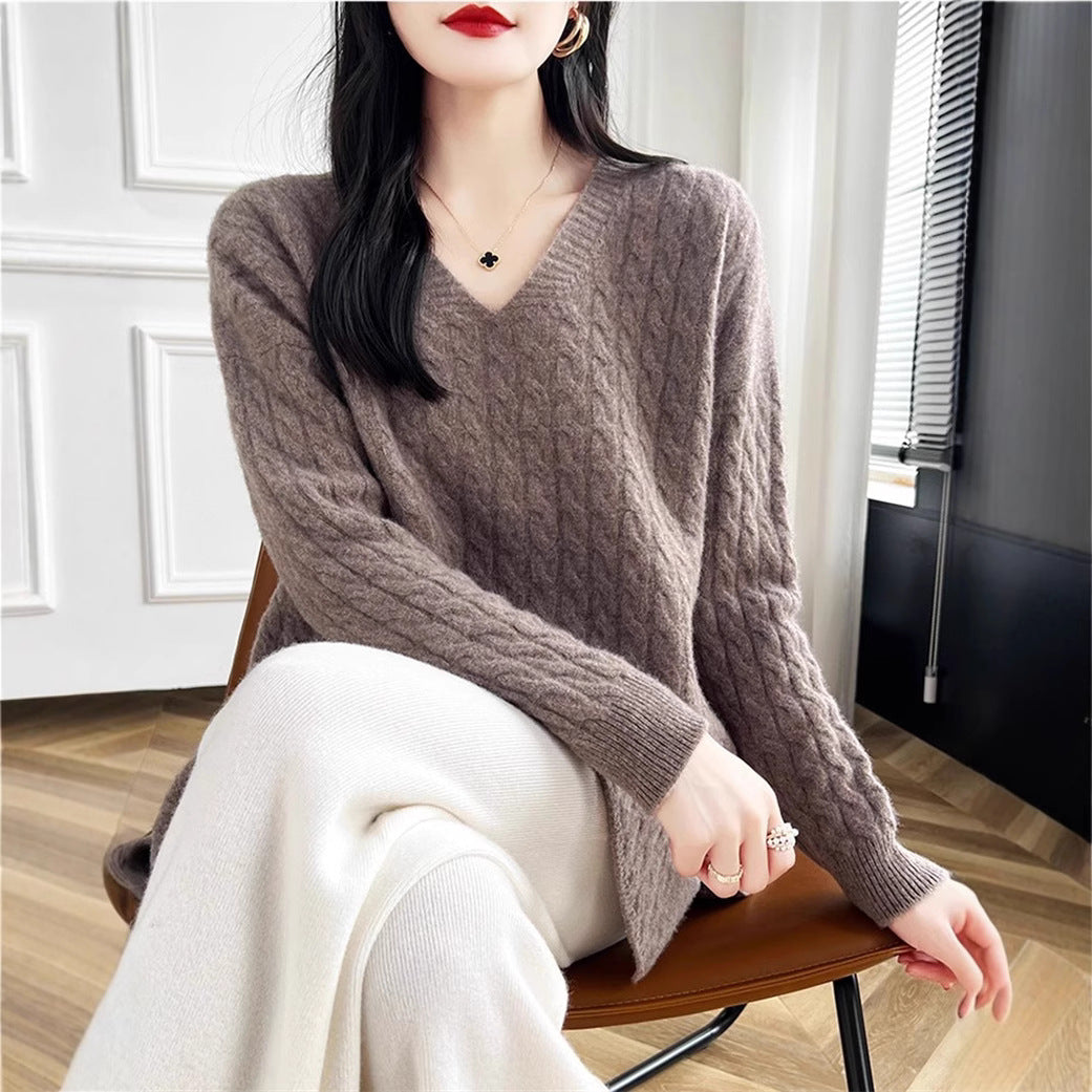 Damen Pullover V-Ausschnitt Lässig Zopfmuster Beige
