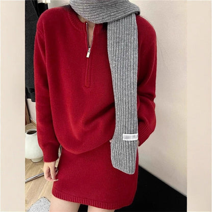 Damen Strickpullover-Kleid Hochkragen Reißverschluss Eveloria