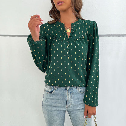 Damen Bluse Feines Punktmuster Knopfleiste Weiss