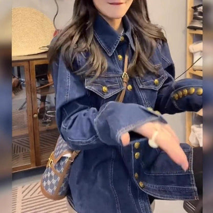 Damen Jeansjacke Mit Goldknöpfen Blau Eveloria - Eveloria