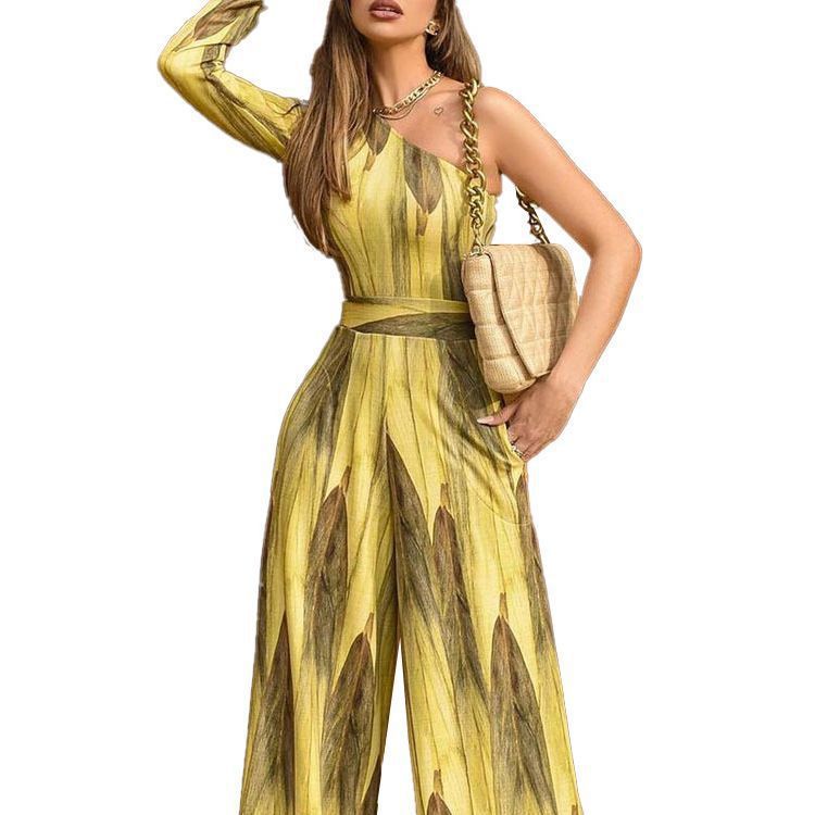 Damen Jumpsuit Asymmetrisch Botanischer Druck