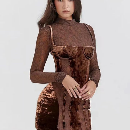 Damen Minikleid Spitze Samt Figurbetont Eveloria