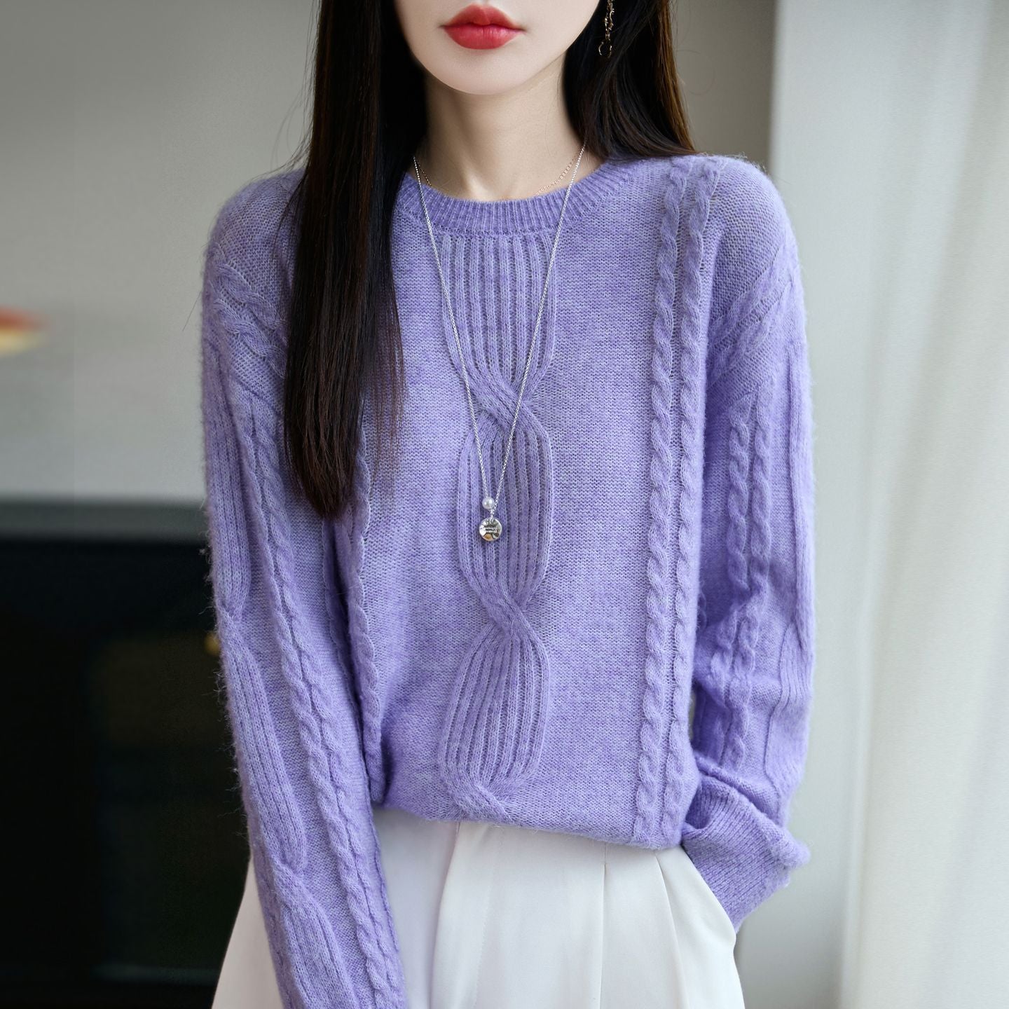 Damen Strickpullover Rundhalsausschnitt Zopfmuster