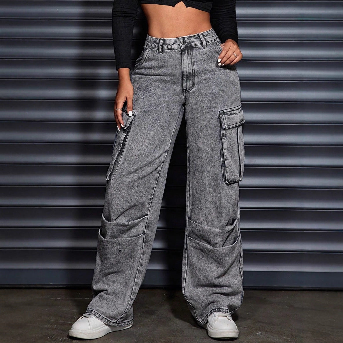 Damen Cargo-Jeans Hoher Bund Praktische Seitentaschen Blau Eveloria - Eveloria