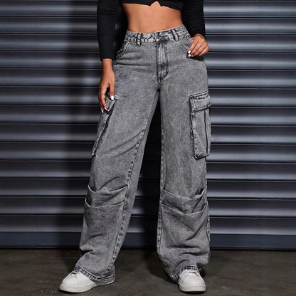 Damen Cargo-Jeans Hoher Bund Praktische Seitentaschen Blau Eveloria - Eveloria