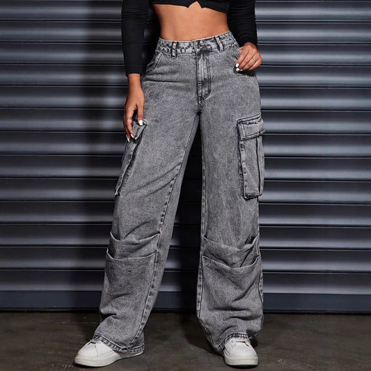 Damen Cargo-Jeans Hoher Bund Praktische Seitentaschen Blau Eveloria - Eveloria