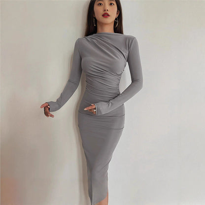 Damen Langarmkleid Figurbetont Raffung Eveloria
