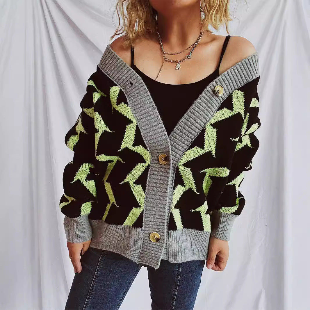 Eveloria Damen Strickjacke Geometrisches Muster Elegante Knöpfe