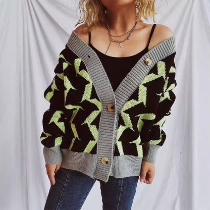 Eveloria Damen Strickjacke Geometrisches Muster Elegante Knöpfe