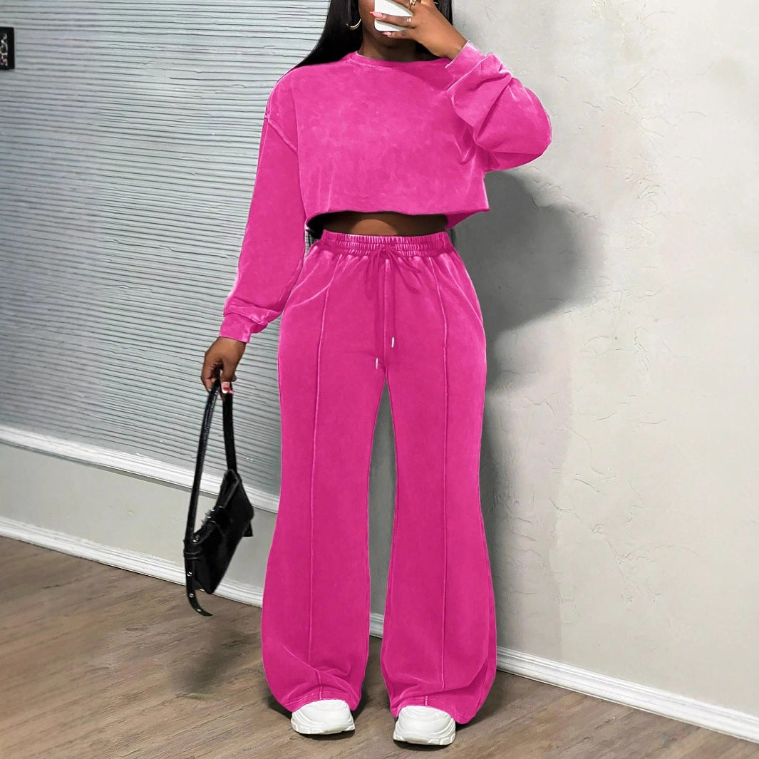 Damen Cropped Loungewear-Set Weites Hosenbein Hochwerder Bund Eveloria