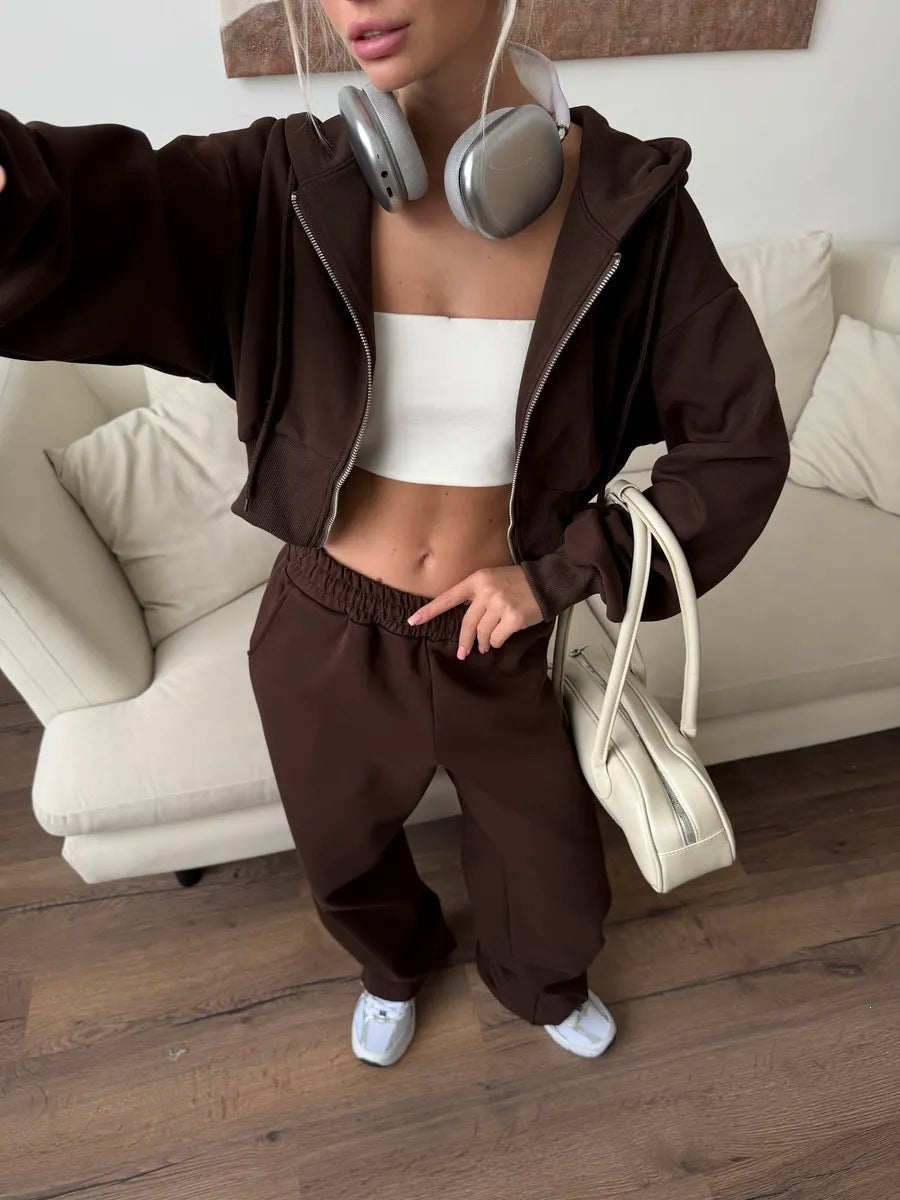 Damen Cropped Sweatoutfit mit Kapuze und Reißverschluss