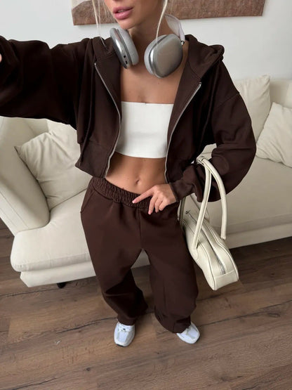 Damen Cropped Sweatoutfit mit Kapuze und Reißverschluss