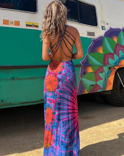 Eveloria Damen Maxi-Kleid Spitze Tie-Dye-Print