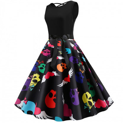 Damen Swingkleid bunt Totenkopf-Design Baumwolle Bindegürtel