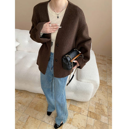 Damen Wolljacke Lässig Doppelter Knopfverschluss Beige
