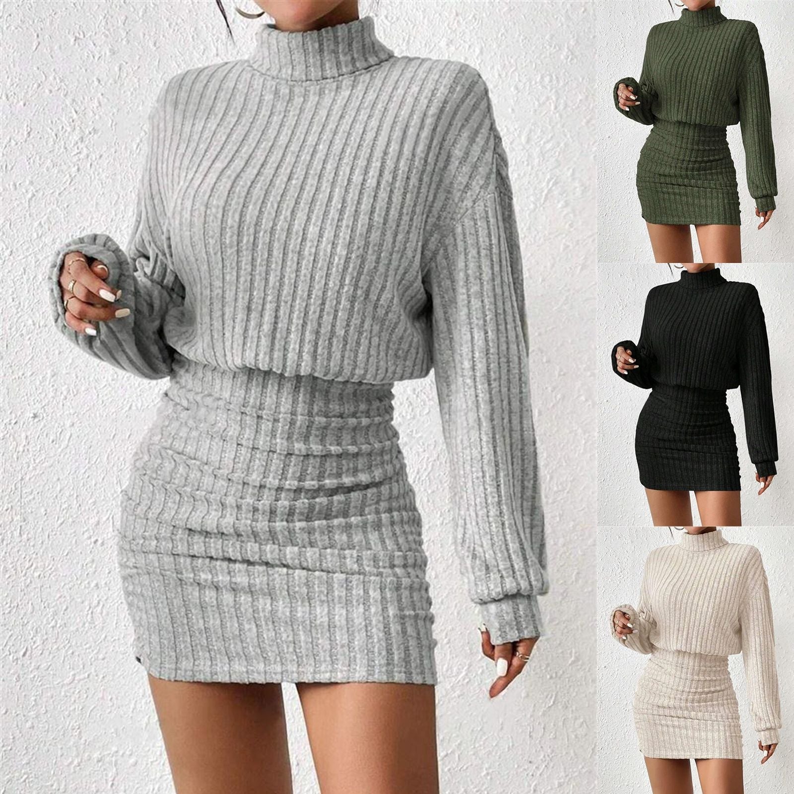 Damen Strickkleid Rollkragen Ärmel Schwarz Eveloria - Eveloria
