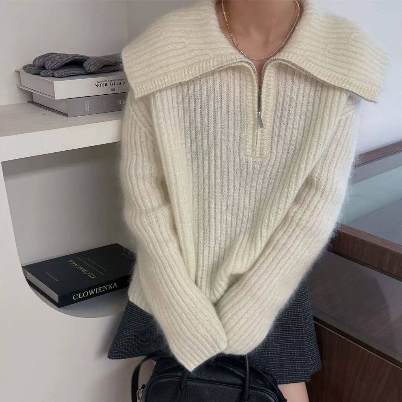 Damen Strickpullover Großkragen Reißverschluss Eveloria