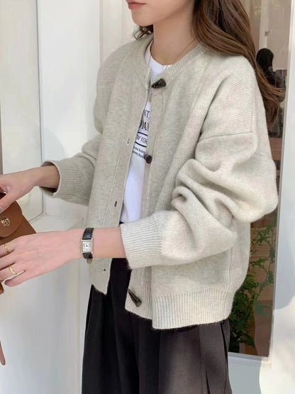 Damen Strickjacke Elegant Knöpfe Beige