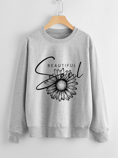 Damen Sweatshirt Floralmuster Mit Schriftzug Eveloria