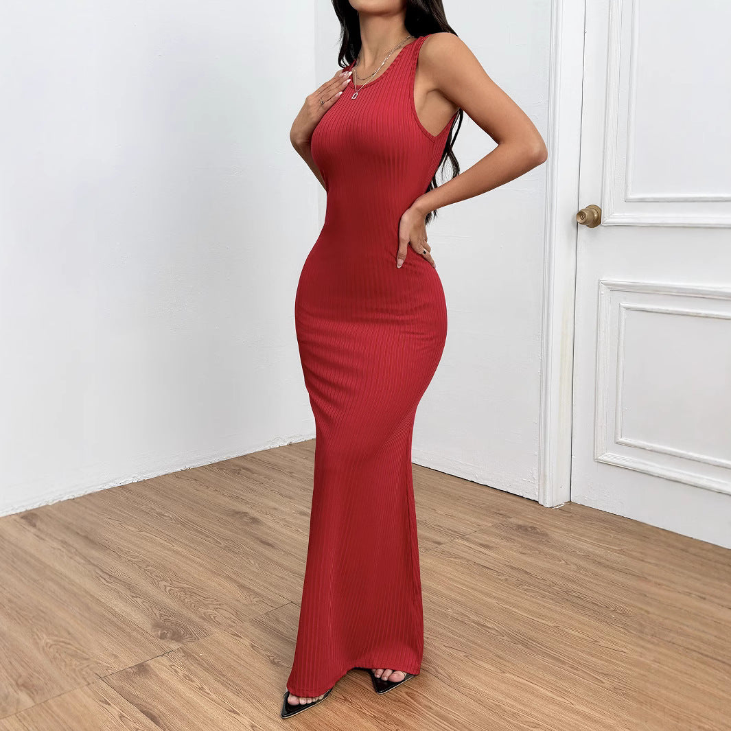 Damen Ripp Maxi-Kleid Figurbetont Rundhalsausschnitt Eveloria