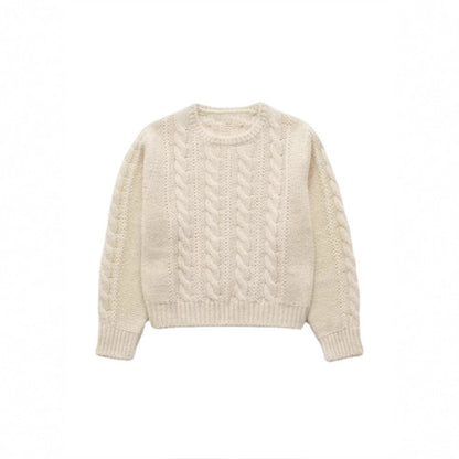 Damen Strickpullover Zopfmuster Kuschelfleece Beige