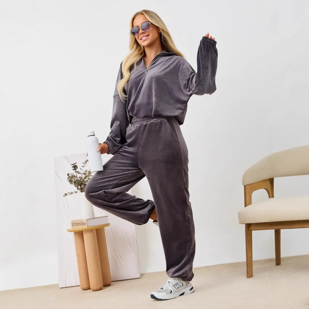 Damen Velours Jogginganzug Hochgeschlossener Kragen Elastisch