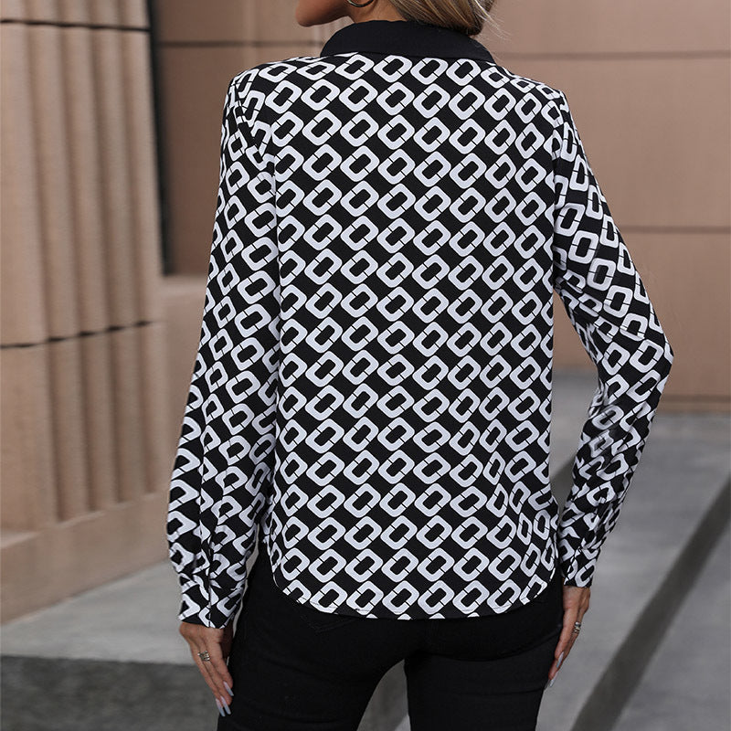 Damen Bluse Grafisches Muster Elegante Schleife Blau