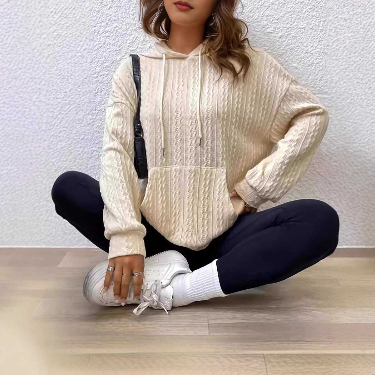 Damen Hoodie Strickdesign Bequem Grau Eveloria