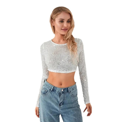 Damen Glitzerndes Langarm-Crop- Figurbetont Eveloria