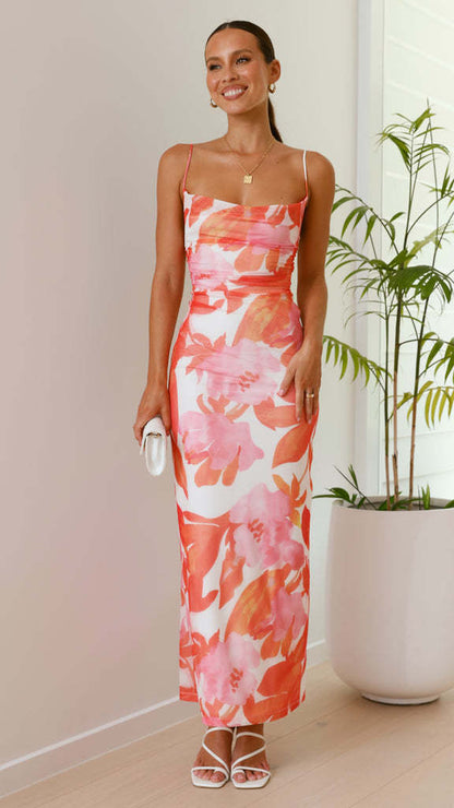 Damen Maxikleid Florales Muster Schmale Träger Elegant