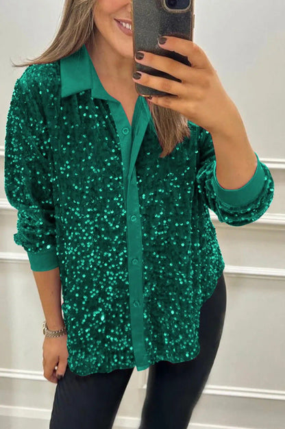Damen Paillettenbluse Klassischer Kragen Langer Ärmel Glitzer Effekt
